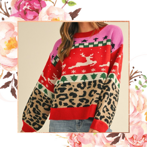 Colorblock Leopard Jacquard Sweater