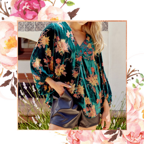 Velvet Floral Bubble Sleeve Blouse