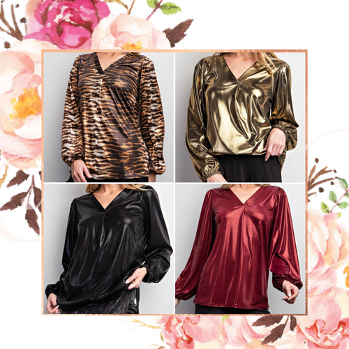 Knit Liquid Foil Peasant Sleeve Top