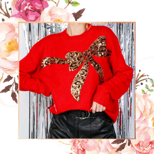 Leopard Sequin Bow Sweater