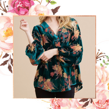 Load image into Gallery viewer, Velvet Floral Bubble Sleeve Blouse