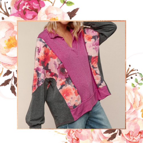 Collared V-Neck Floral Colorblock Pullover