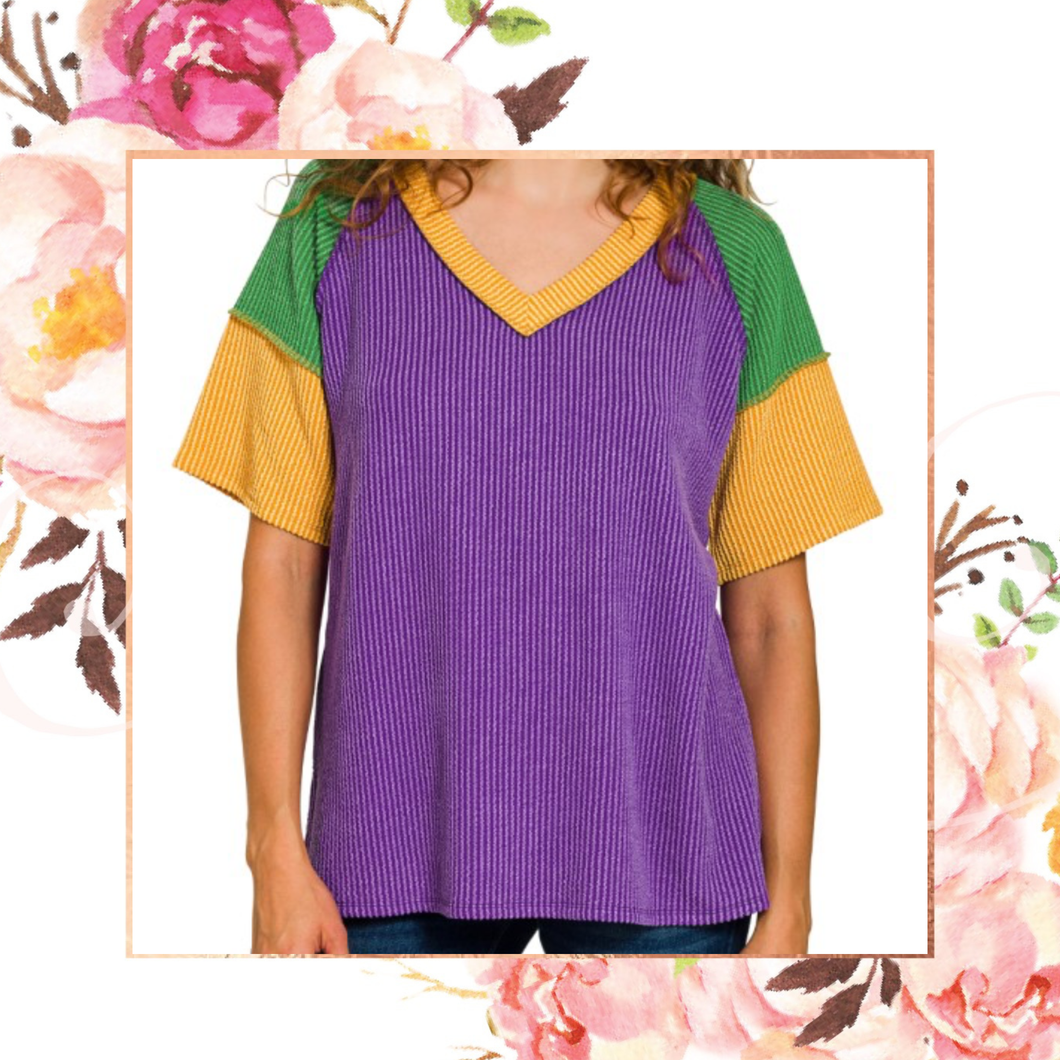 Mardi Gras Ribbed V-Neck Top