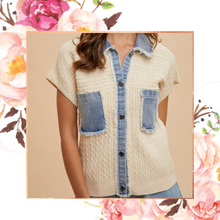 Load image into Gallery viewer, Denim Meets Cable Knit Button Down Sweater