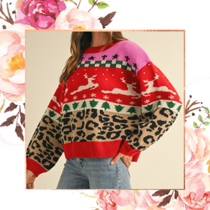 Colorblock Leopard Jacquard Sweater