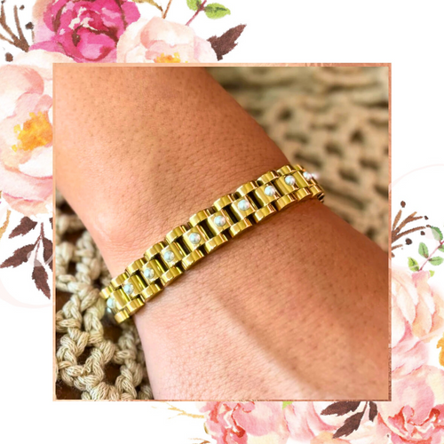 10MM Gold Watchband Bracelet with Pearls