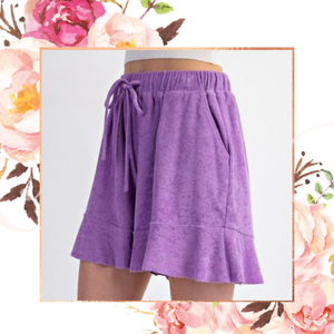 Purple Flutter Hem Terrycloth Shorts