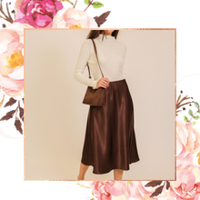 Load image into Gallery viewer, Brown Satin Midi Flare Skirt