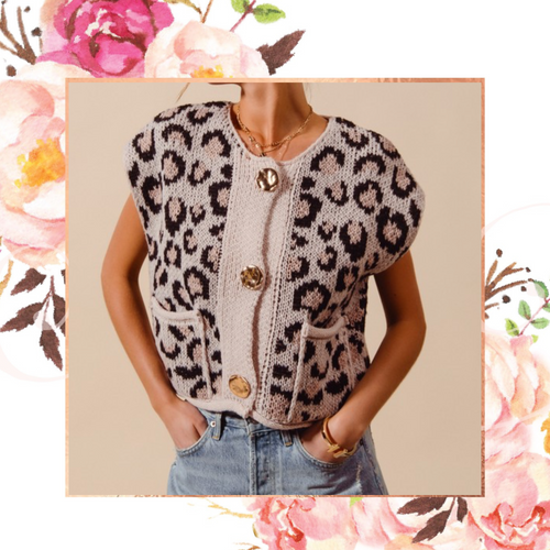 Leopard Button Down Sweater Vest