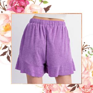 Purple Flutter Hem Terrycloth Shorts
