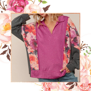 Collared V-Neck Floral Colorblock Pullover
