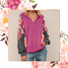 Load image into Gallery viewer, Collared V-Neck Floral Colorblock Pullover