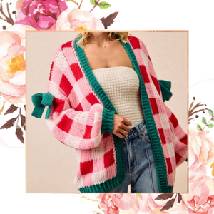 Plaid Christmas Cardi with Bow Sleeves