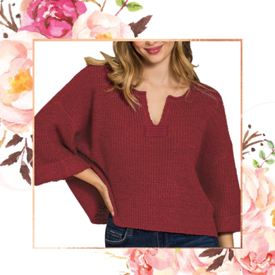 Split Neck Side Slit Folded Sleeve Pullover