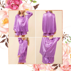 Metallic Purple Plisse Button Down Top