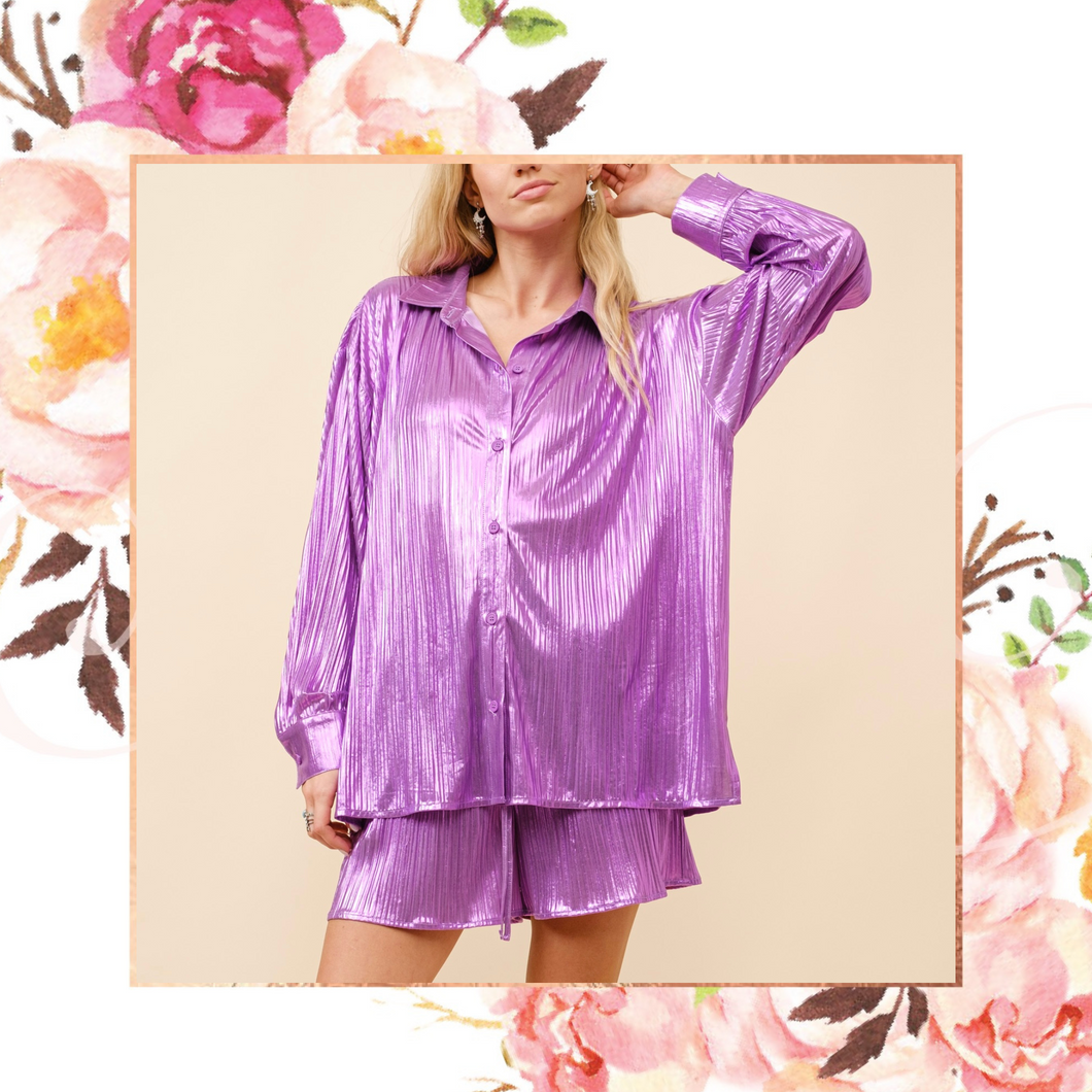 Metallic Purple Plisse Button Down Top