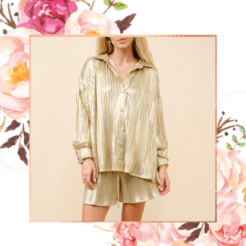 Metallic Gold Plisse Button Down Top