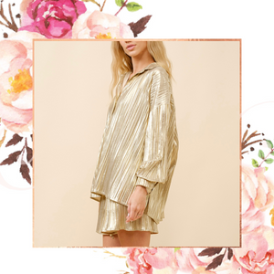 Metallic Gold Plisse Button Down Top