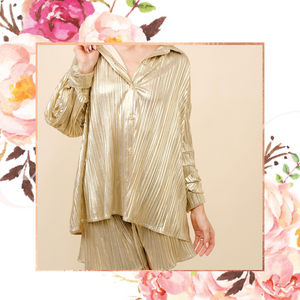 Metallic Gold Plisse Button Down Top