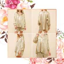 Load image into Gallery viewer, Metallic Gold Plisse Button Down Top