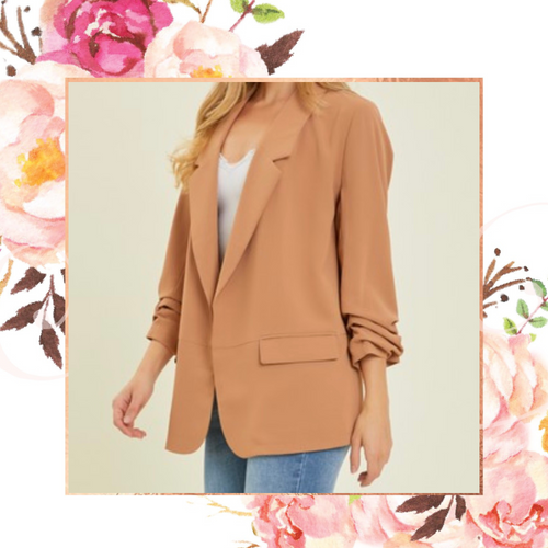 Camel Chic Ruched Sleeve Blazer
