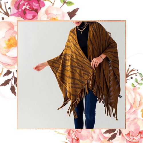 Tiger Print Fringe Shawl Cape