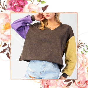 Mineral Wash Colorblock Crop Pullover