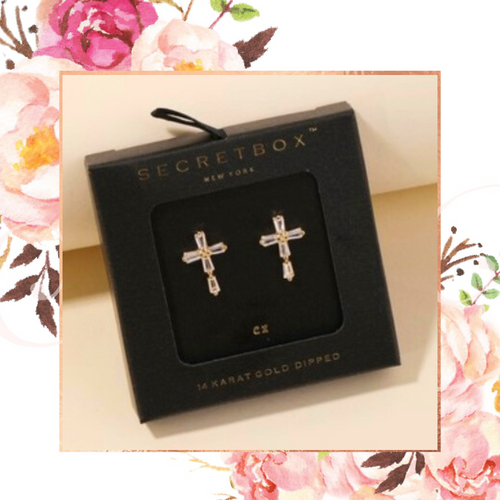 Secret Box Baguette Cross Stud Earrings