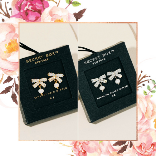 Secret Box Bow & Pearl Charm Stud Earrings