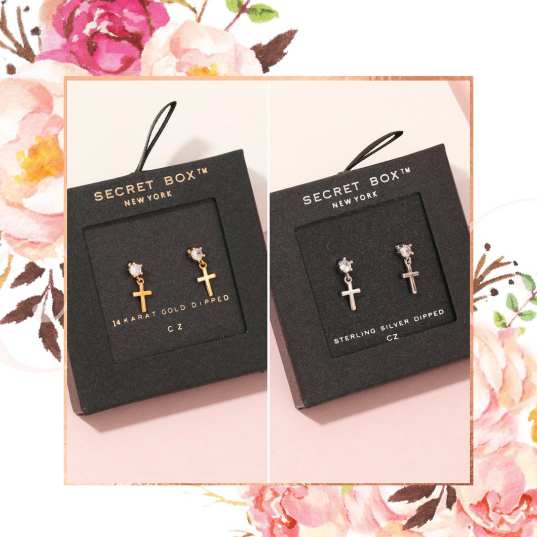 Secret Box Cross Charm Stud Earrings