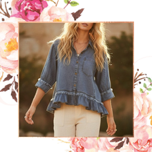 Load image into Gallery viewer, Tencel Ruffle Hem Button Down Top