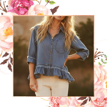 Load image into Gallery viewer, Tencel Ruffle Hem Button Down Top