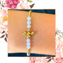 Load image into Gallery viewer, 3mm Pink Opal and 2.5mm Gold Bead Cross Bracelet