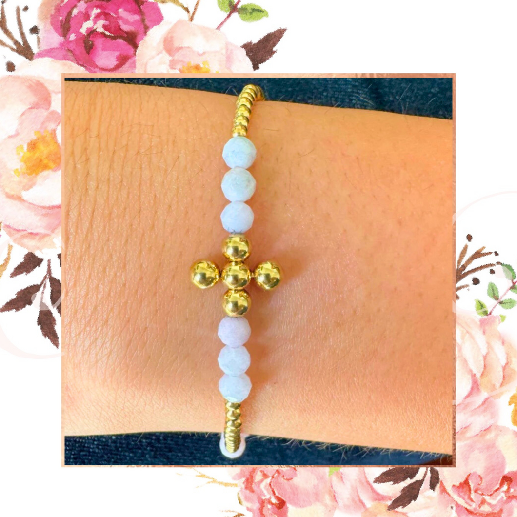 3mm Pink Opal and 2.5mm Gold Bead Cross Bracelet