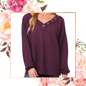 Plum Brushed Waffle Button Top