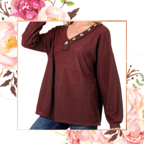 Burgundy Brushed Waffle Button Top