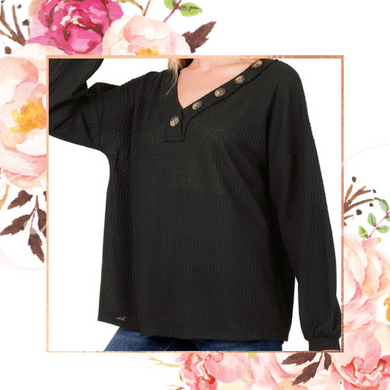 Black Brushed Waffle Button Top