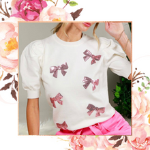 Load image into Gallery viewer, Sequin Bow Puff Sleeve Sweater