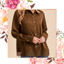 Load image into Gallery viewer, Lace Hem Satin Button Down Top