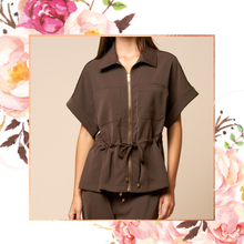 Load image into Gallery viewer, Collared Zipper Drawstring Blouse