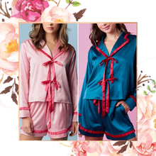 Load image into Gallery viewer, Satin Ruffle Bow Tie PJ Set