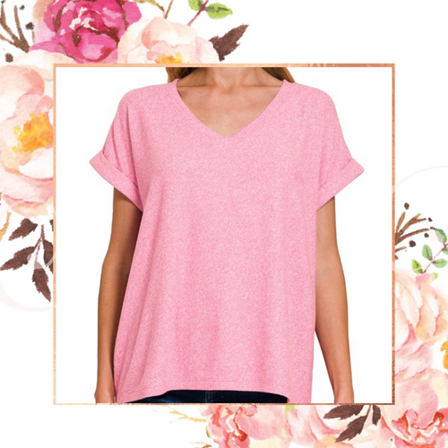 Candy Pink Melange Hacci V-Neck Tee