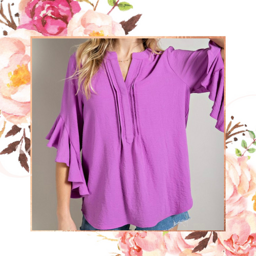 Orchid Bubble Crepe Ruffle Sleeve Blouse