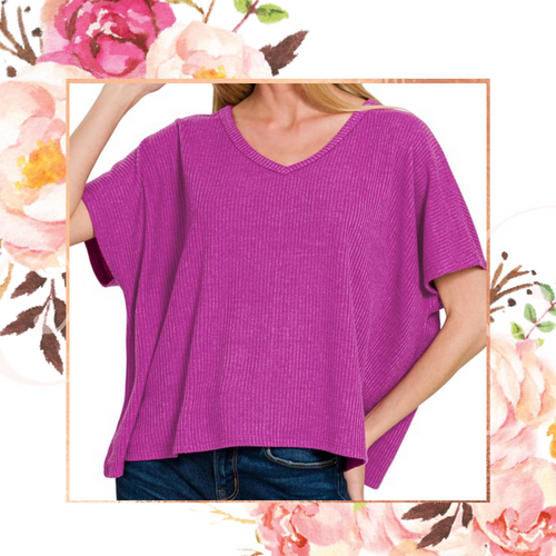 Ribbed V-Neck Lightweight SS Sweater Top