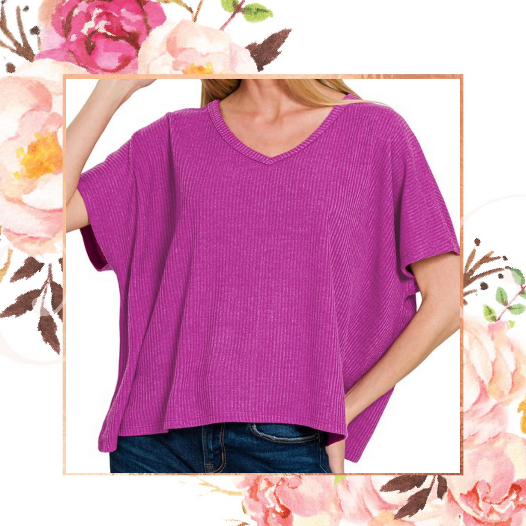 Ribbed V-Neck Lightweight SS Sweater Top
