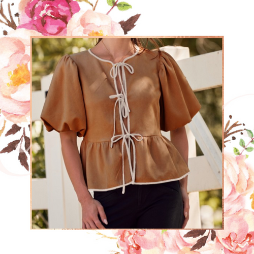Camel Suede Peplum Puff Sleeve Tie Top