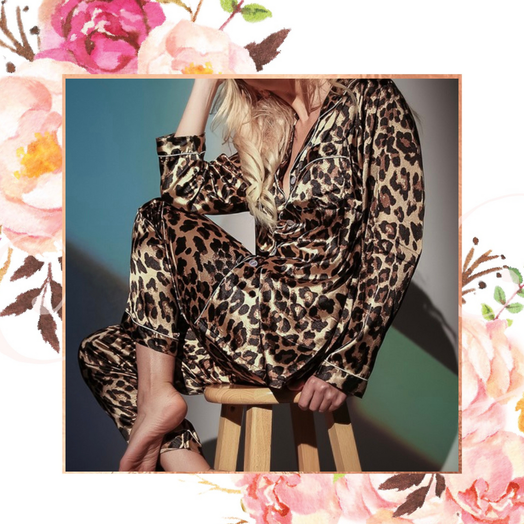 Silky Satin Leopard Pant PJ Set