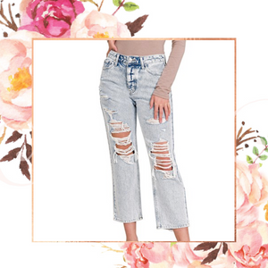 Light High-Rise Distressed Straight Crop Jeans