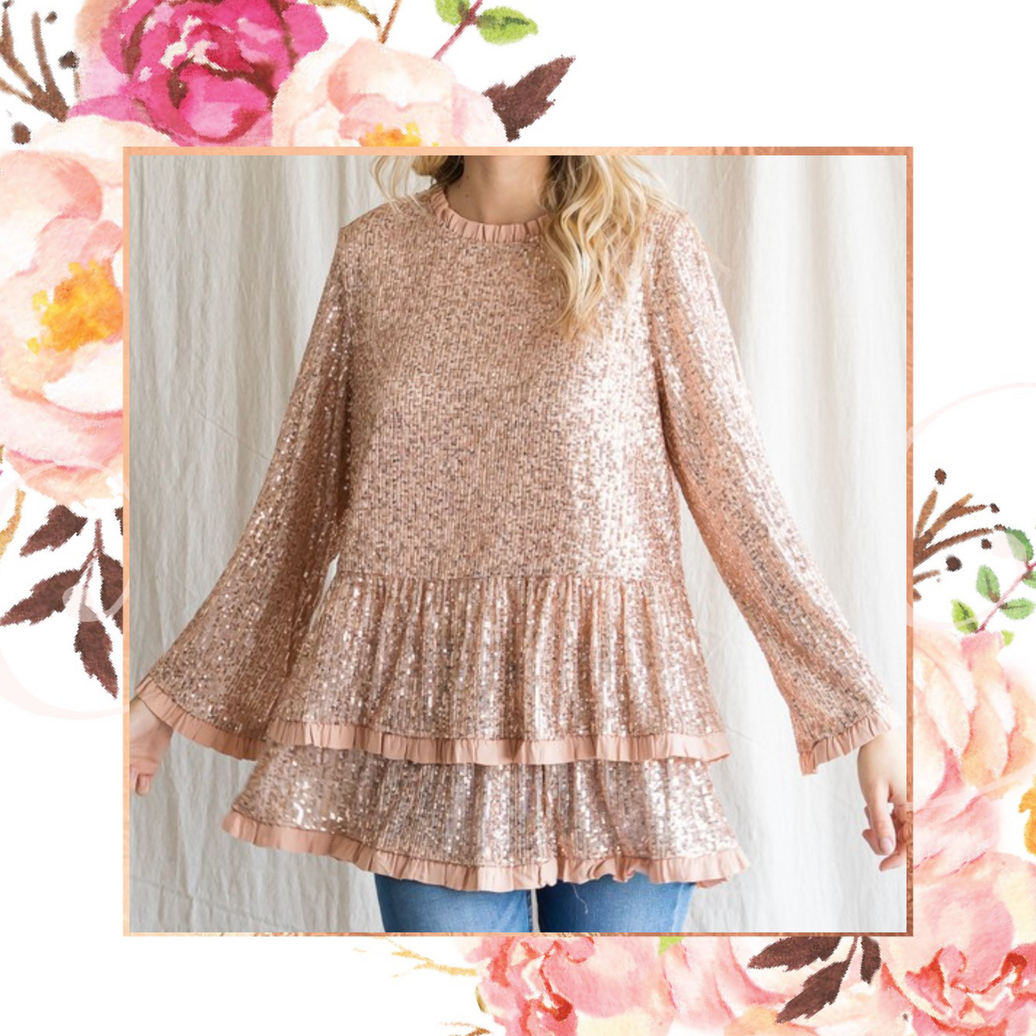 Champagne Sequin Tiered Tunic Top Fashion Allie