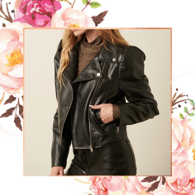 Black Puff Sleeve Leather Moto Jacket